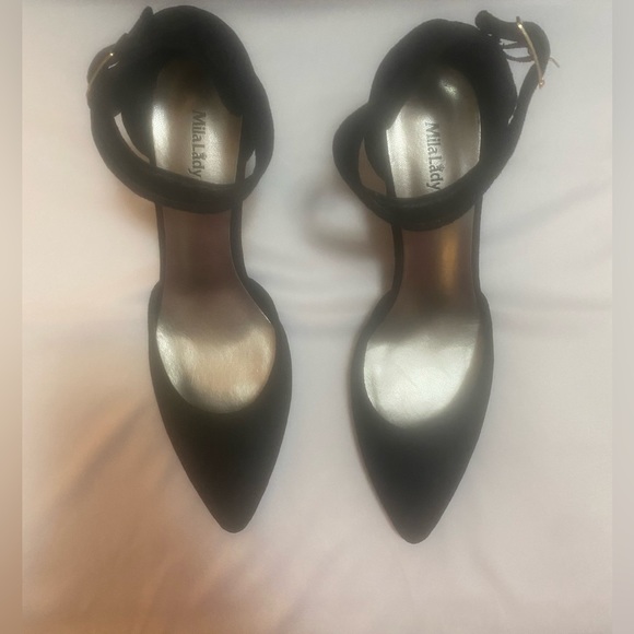 Mila Lady Shoes - Mila Lady Black Suede Heels. 9, 3 1/2 inch heels. Ankle strap gold buckle. (NWT)